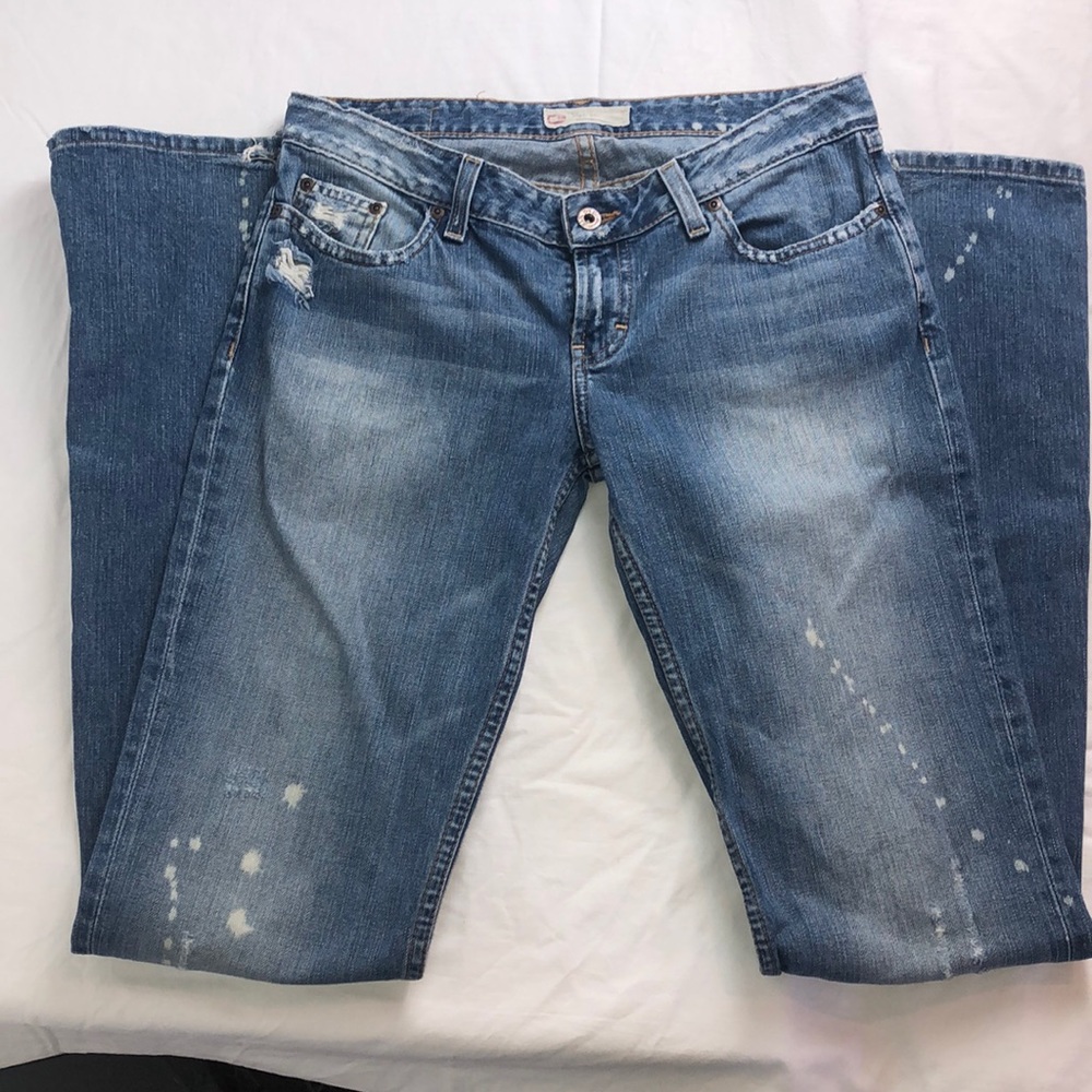 BKE Denim Jeans, low rise, flare leg, distressed